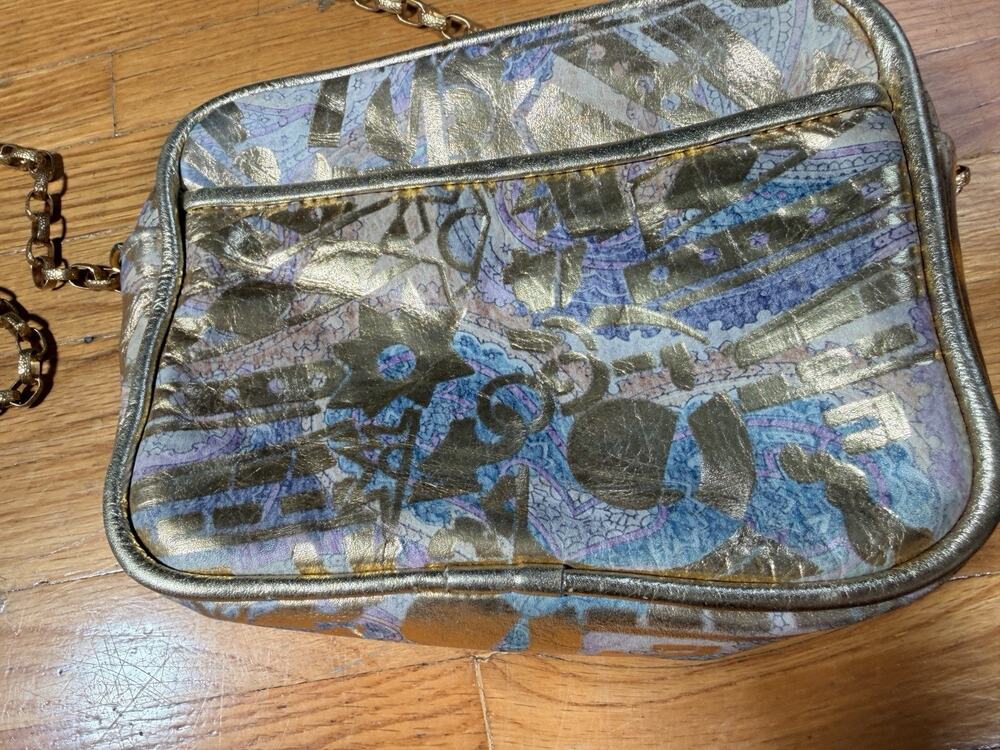 Vintage Oh! Ashley Genuine Leather Made USA Crossbody Purse Gold Chain Abstract